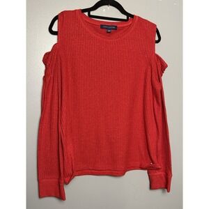 Tommy Hilfiger Women's Red  Metallic Waffled Cold Shoulder‎ Shirt  XL